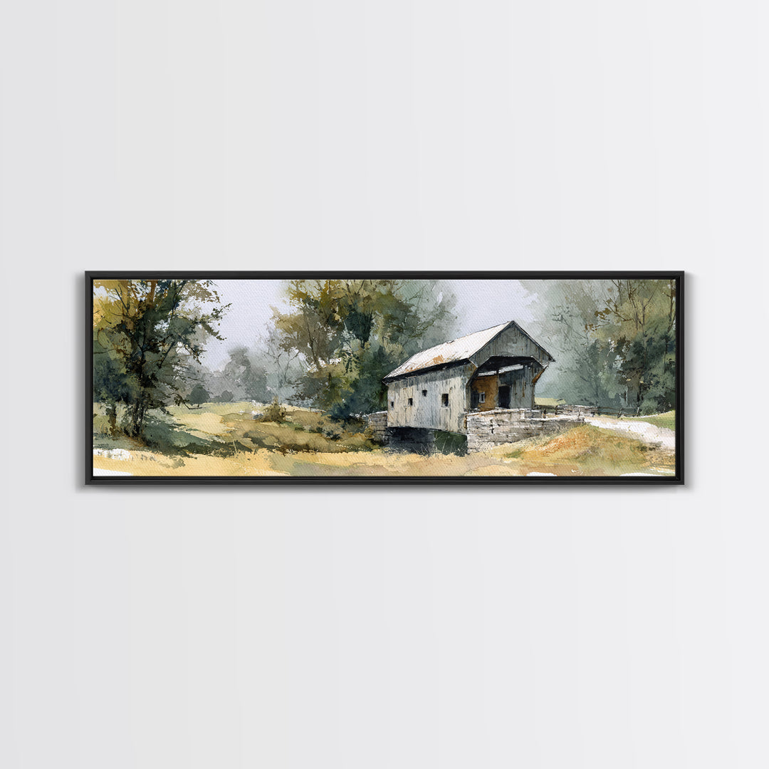 Covered Bridge over a Quiet Creek Framed Canvas Print, Country Art, Wall Decor, Farmhouse Decor, Fine Art, Country, Wall Art, COU-3x1-7