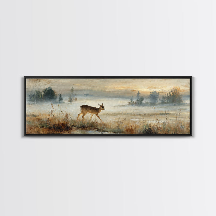 Deer Crossing a Misty Morning Field Canvas Print, Country Art, Digital Wall Art, Farmhouse Decor, Country, Floral Wall Art, COU-3x1-75