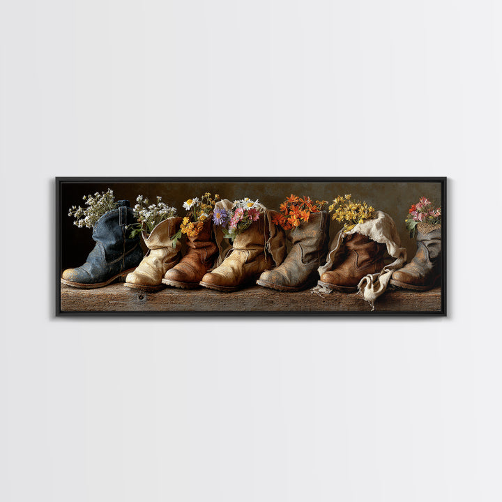 Weathered Boots with Wildflowers Tucked Inside Canvas Print, Country Art, Landscape Painting, Farmhouse Decor, Watercolor Art, COU-3x1-8