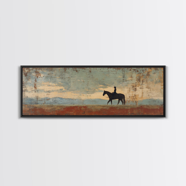 Horse and Rider Silhouette at Dusk Framed Canvas Print, Country Art, Digital Art Prints, Farmhouse Decor, Fine Art, Country, COU-3x1-81