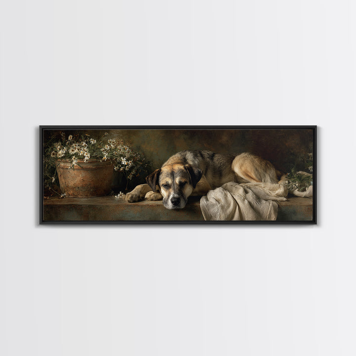 Dog Resting Beside a Porch Flower Pot Canvas Print, Country Art, Digital Wall Art, Farmhouse Decor, Fine Art, Country, COU-3x1-86