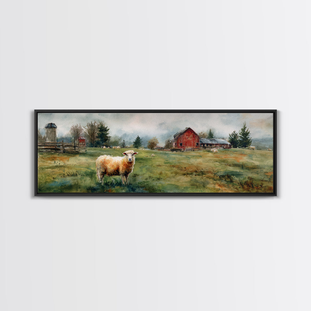 Watercolor Sheep in a Green Pasture Framed Canvas Print, Country Art, Printable Wall Art, Farmhouse Decor, Fine Art, Country, COU-3x1-87
