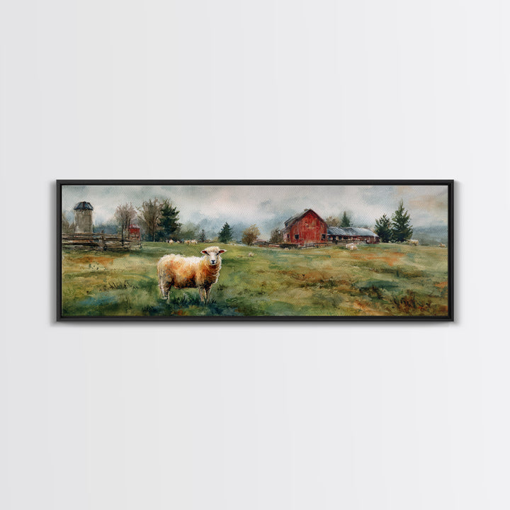Watercolor Sheep in a Green Pasture Framed Canvas Print, Country Art, Printable Wall Art, Farmhouse Decor, Fine Art, Country, COU-3x1-87