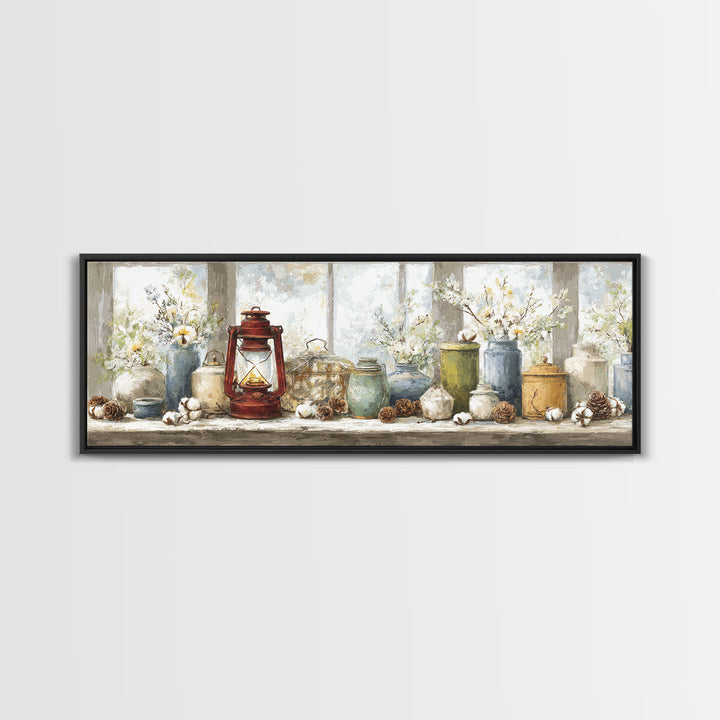 Old Lantern and Pinecones Still Life Canvas Print, Country Art, Minimalist Decor, Farmhouse Decor, Oil Painting, Country, COU-3x1-88