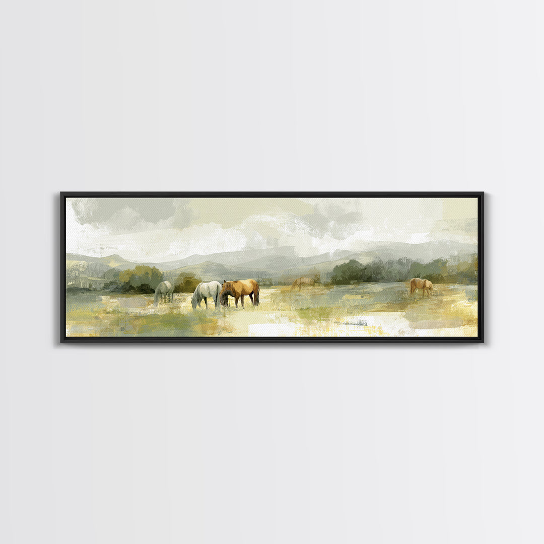 Rolling Pasture with Grazing Horses at Sunrise Canvas Print, Country Art, Landscape Wall Art, Farmhouse Decor, Country, COU-3x1-89