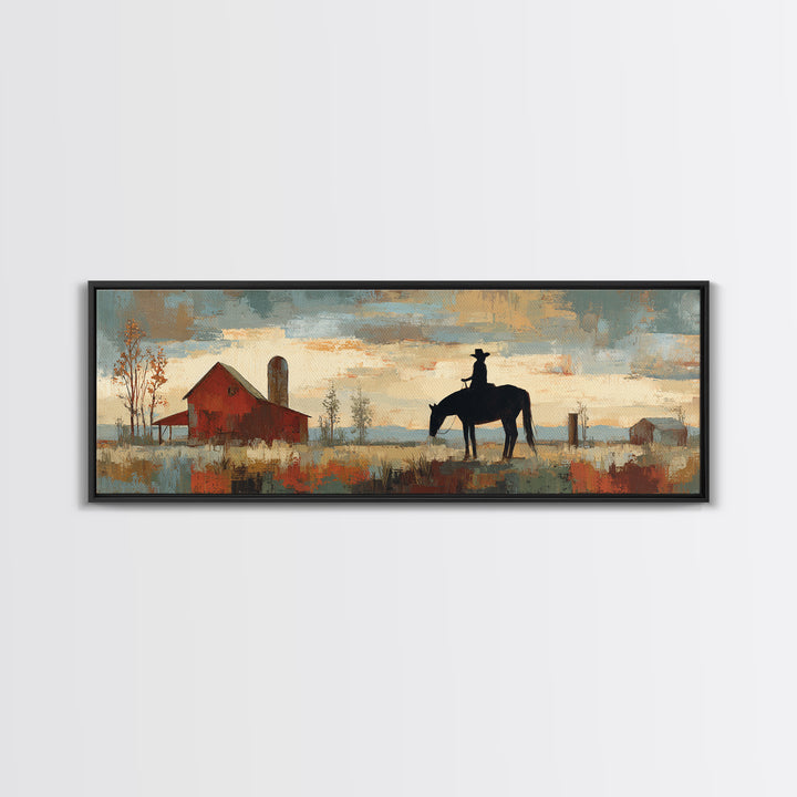Horse and Rider Silhouette at Dusk Framed Canvas Print, Country Art, Digital Wall Art, Farmhouse Decor, Fine Art, Country, COU-3x1-9