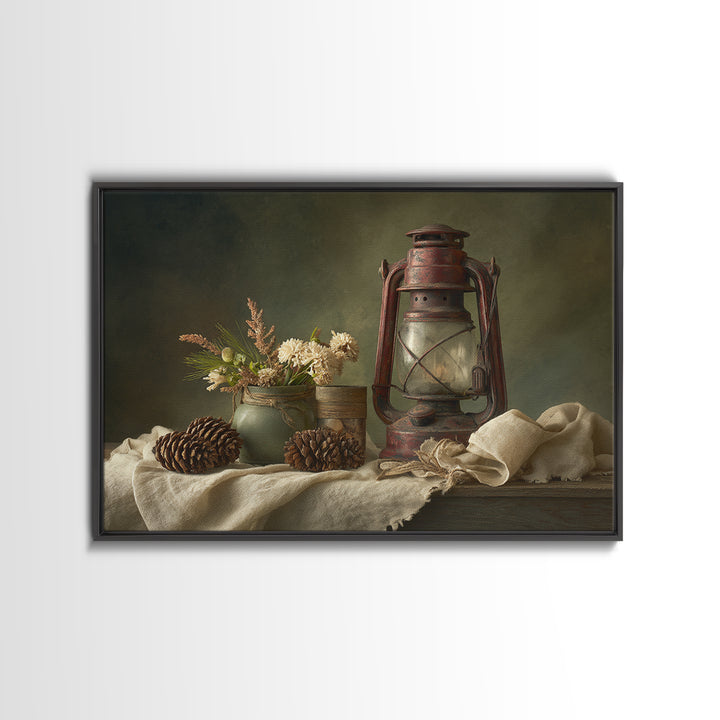Old Lantern and Pinecones Still Life Framed Canvas Print, Country Art, Modern Decor, Farmhouse Decor, Oil Painting, Country, COU-3x2-100