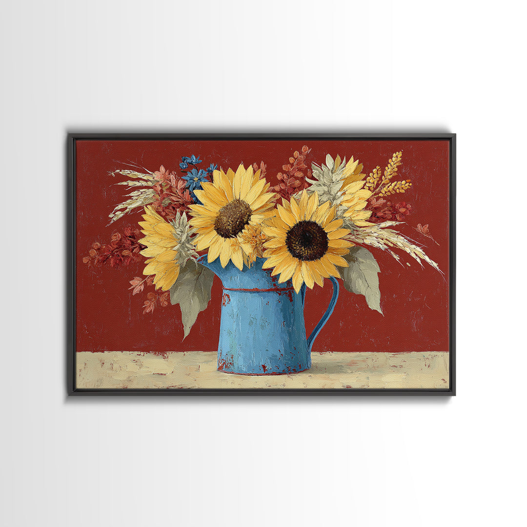 Sunflowers in a Blue Enamel Pitcher Canvas Print, Country Art, Digital Print, Farmhouse Decor, Oil Painting, Country, COU-3x2-12