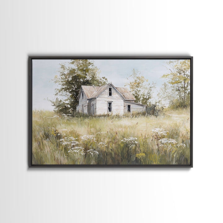 White Farmhouse Surrounded by Tall Grass Framed Canvas Print, Country Art, Printable Wall Art, Farmhouse Decor, Country, COU-3x2-14