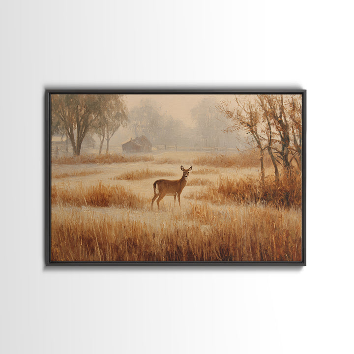 Deer Crossing a Misty Morning Field Framed Canvas Print, Country Art, Oil Painting, Farmhouse Decor, Fine Art, Country, COU-3x2-15