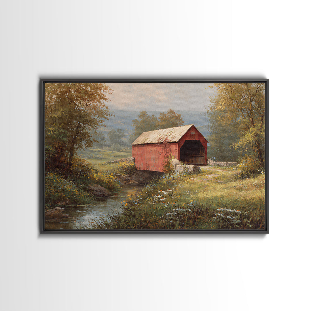 Covered Bridge over a Quiet Creek Framed Canvas Print, Country Art, Landscape Painting, Farmhouse Decor, Fine Art, Country, COU-3x2-19