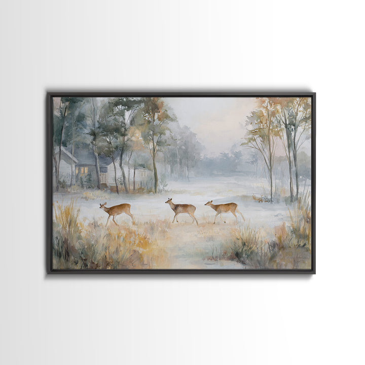 Deer Crossing a Misty Morning Field Framed Canvas Print, Country Art, Wall Decor, Farmhouse Decor, Fine Art, Country, COU-3x2-39