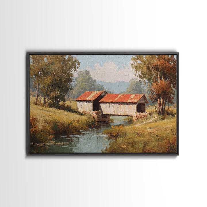 Covered Bridge over a Quiet Creek Canvas Print, Country Art, Landscape Wall Art, Farmhouse Decor, Abstract Art, Country, COU-3x2-43