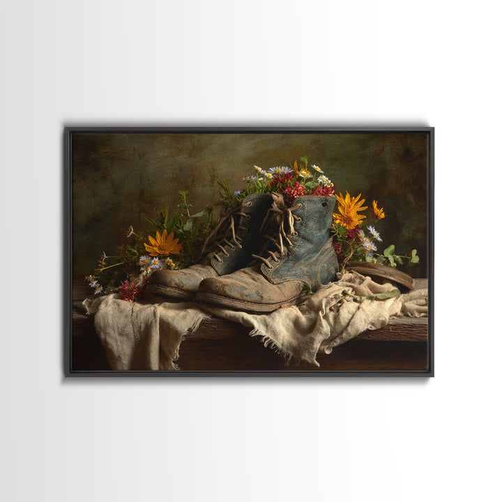 Weathered Boots with Wildflowers Tucked Inside Canvas Print, Country Art, Farmhouse Wall Decor, Farmhouse Decor, Country, COU-3x2-44