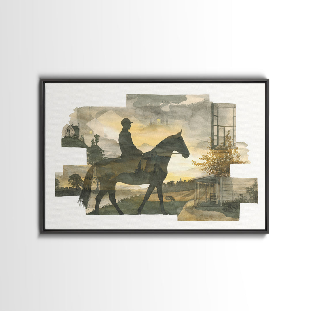 Horse and Rider Silhouette at Dusk Framed Canvas Print, Country Art, Landscape Painting, Farmhouse Decor, Fine Art, Country, COU-3x2-45