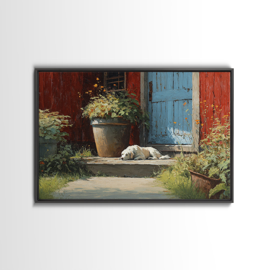Dog Resting Beside a Porch Flower Pot Framed Canvas Print, Country Art, Farmhouse Decor, Fine Art, Country, Gallery Wall Art, COU-3x2-50