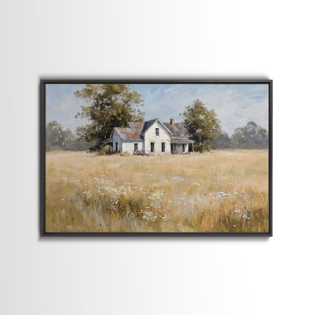 White Farmhouse Surrounded by Tall Grass Canvas Print, Country Art, Digital Print, Farmhouse Decor, Fine Art, Country, COU-3x2-62