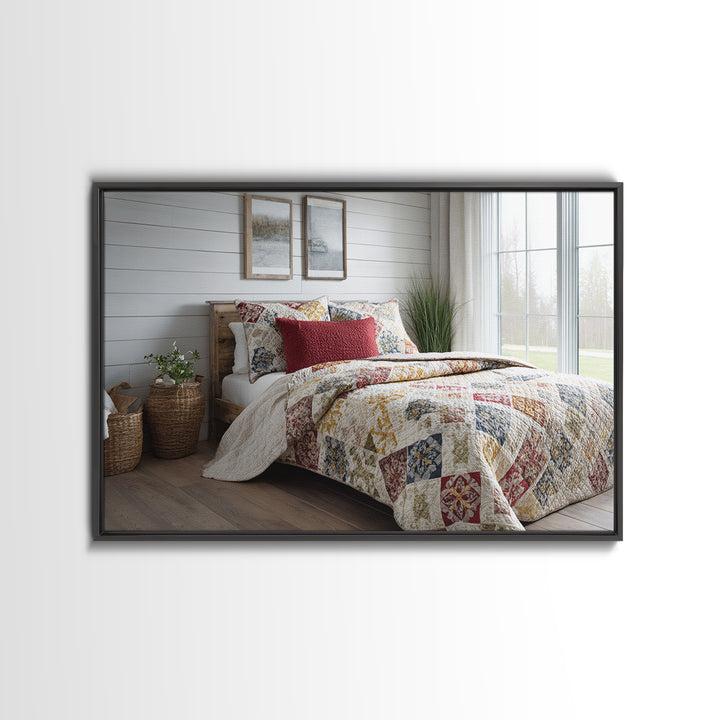 Quilt Geometric Folk Pattern Framed Canvas Print, Country Art, Gallery Decor, Farmhouse Decor, Fine Art, Country, COU-3x2-64