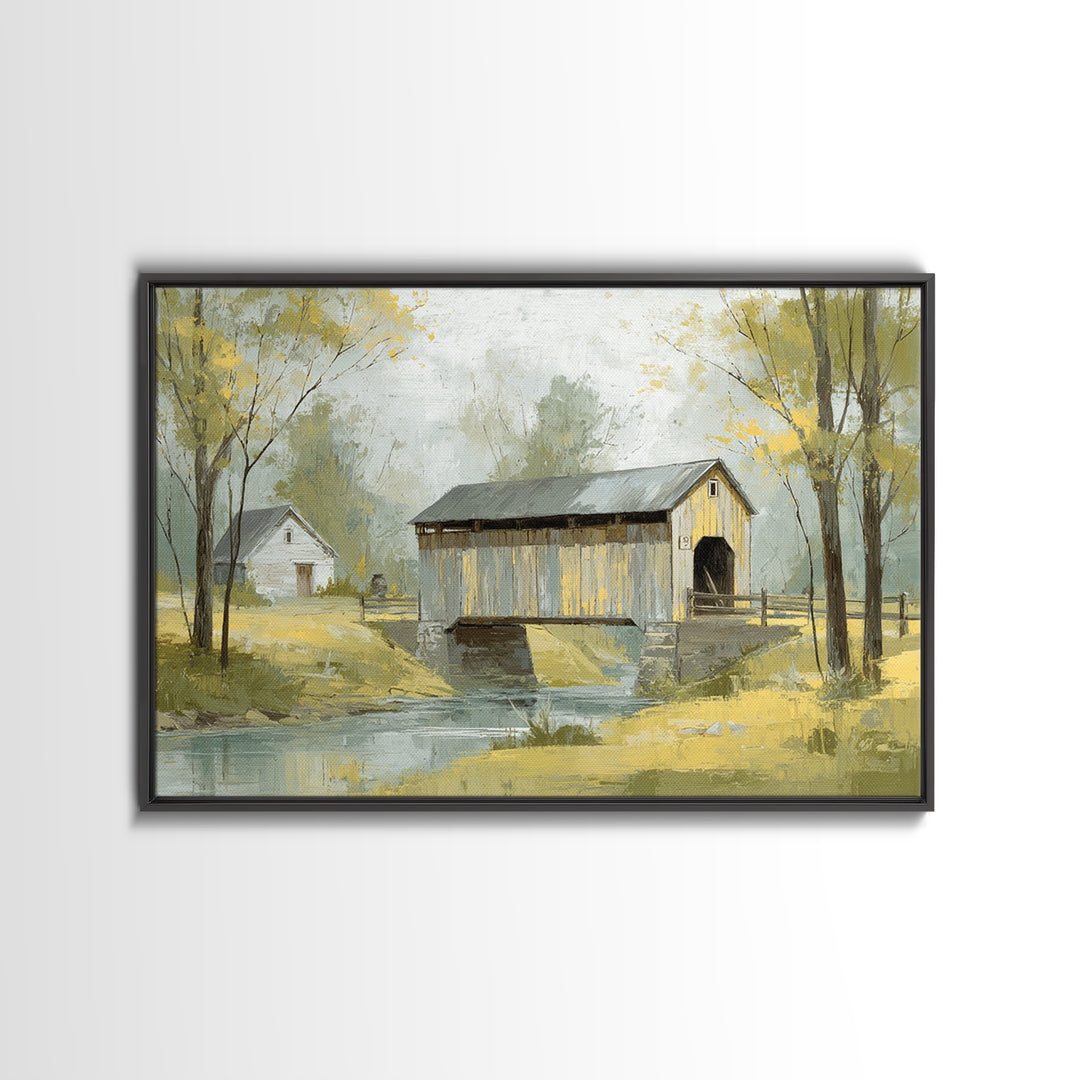 Covered Bridge over a Quiet Creek Canvas Print, Country Art, Textured Painting, Farmhouse Decor, Watercolor Art, Country, COU-3x2-67