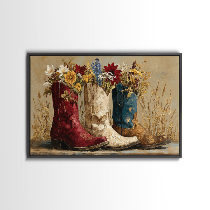 Weathered Boots with Wildflowers Tucked Inside Canvas Print, Country Art, Wall Decor, Farmhouse Decor, Oil Painting, Country, COU-3x2-68