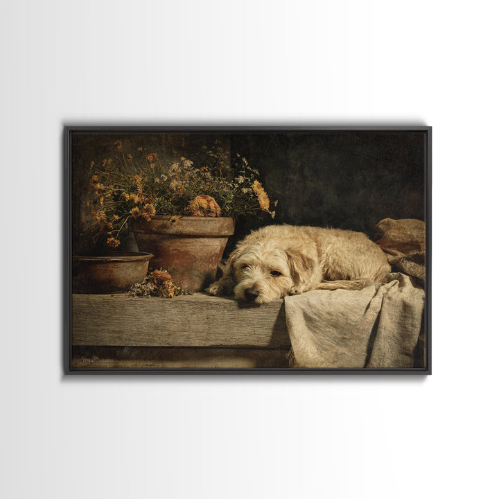 Dog Resting Beside a Porch Flower Pot Framed Canvas Print, Country Art, Farmhouse Decor, Fine Art, Country, Gallery Wall Art, COU-3x2-74