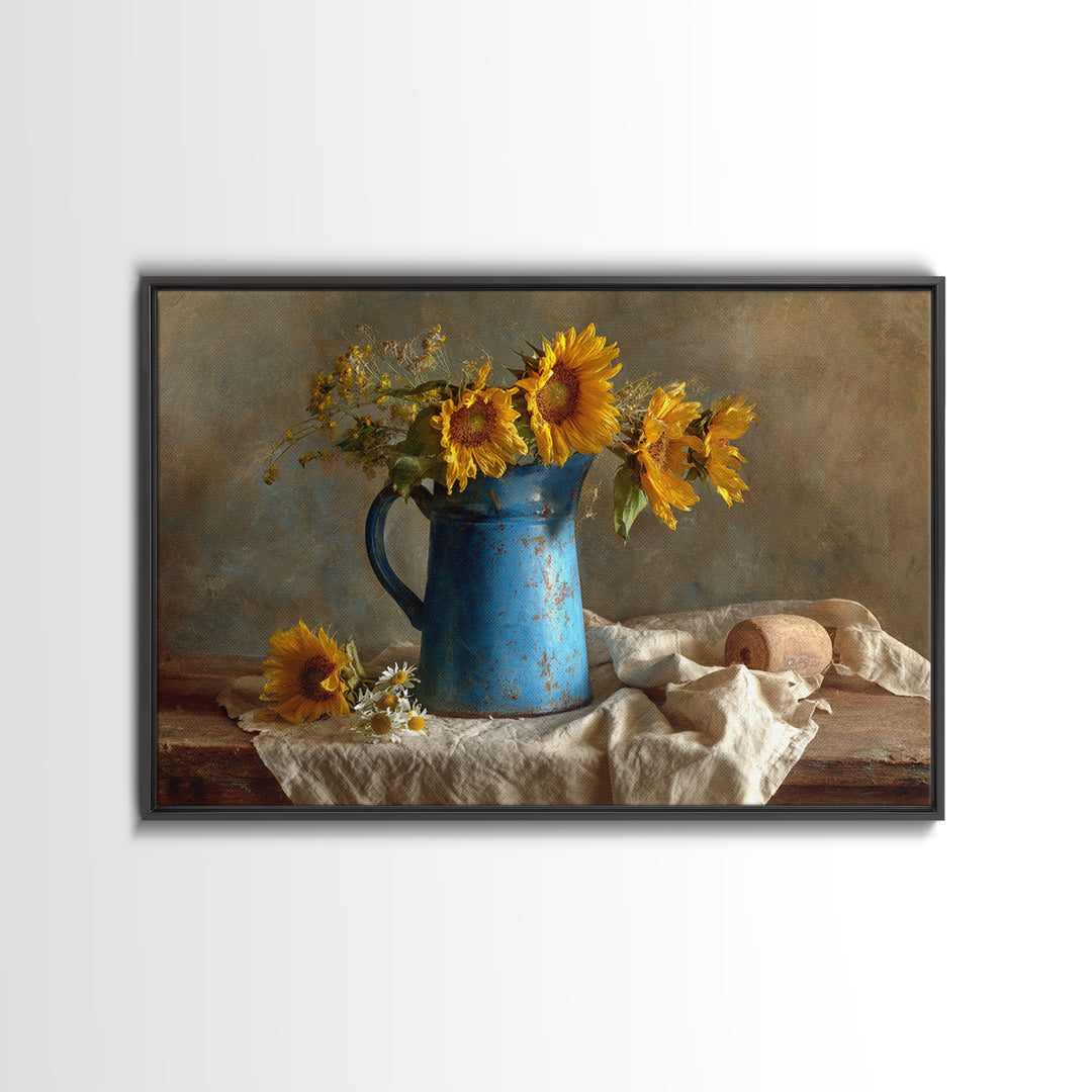 Sunflowers in a Blue Enamel Pitcher Canvas Print, Country Art, Statement Artwork, Farmhouse Decor, Fine Art, Country, COU-3x2-84