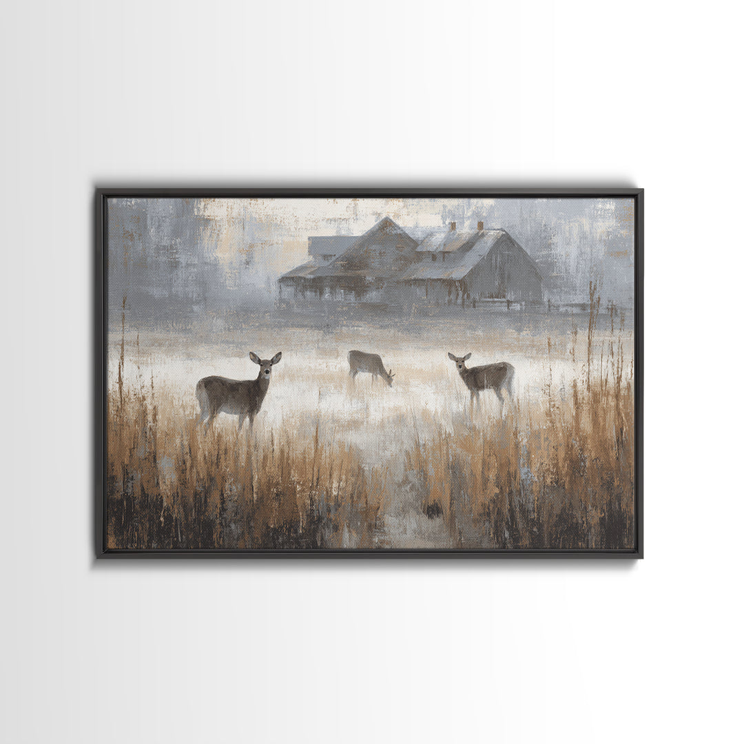 Deer Crossing a Misty Morning Field Framed Canvas Print, Country Art, Modern Decor, Farmhouse Decor, Fine Art, Country, COU-3x2-87