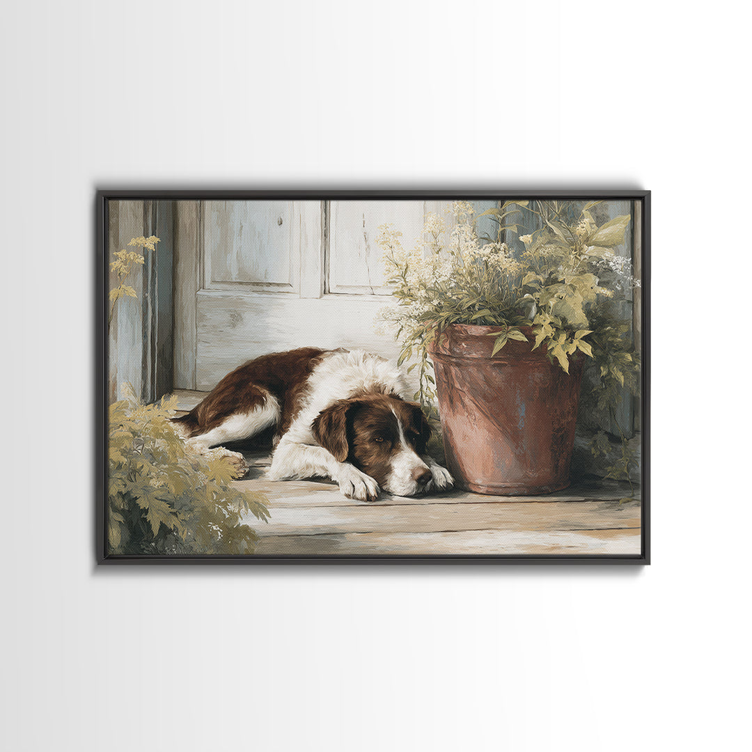 Dog Resting Beside a Porch Flower Pot Canvas Print, Country Art, Digital Art Prints, Farmhouse Decor, Oil Painting, Country, COU-3x2-98