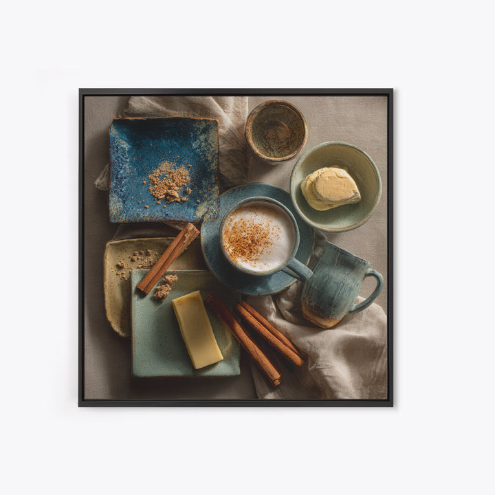 Cinnamon Sticks and Cappuccino Foam Still Life Framed Canvas Print, Coffee Shop Art, Gothic Wall Art, Cafe Decor, CSA-1x1-24