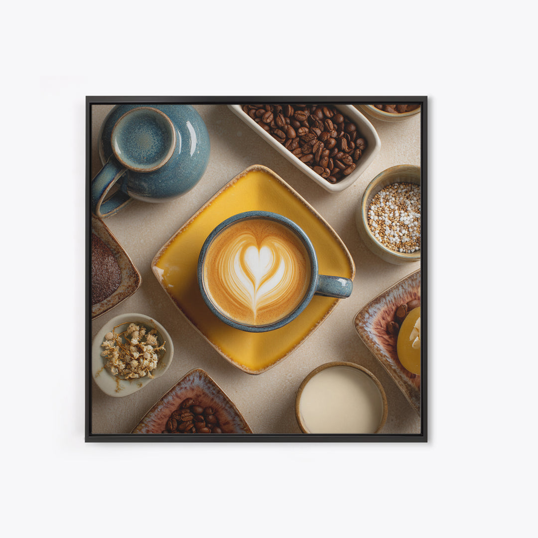 Latte Art Heart Seen from Above Framed Canvas Print, Coffee Shop Art, Digital Wall Art, Cafe Decor, Oil Painting, Cafe, CSA-1x1-28
