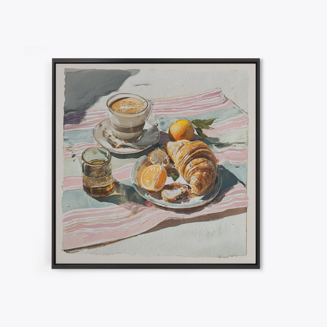Croissant and Cappuccino on Striped Cloth Framed Canvas Print, Coffee Shop Art, Textured Painting, Cafe Decor, Fine Art, Cafe, CSA-1x1-29