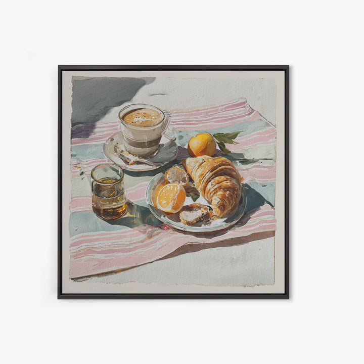 Croissant and Cappuccino on Striped Cloth Framed Canvas Print, Coffee Shop Art, Textured Painting, Cafe Decor, Fine Art, Cafe, CSA-1x1-29