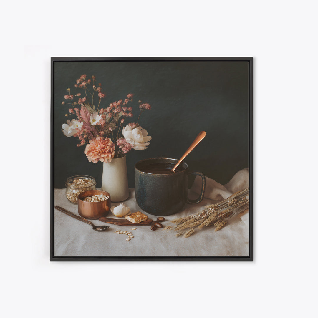 Moody Dark Roast Still Life Framed Canvas Print, Coffee Shop Art, Gallery Decor, Cafe Decor, Fine Art, Cafe, Wall Art, CSA-1x1-32