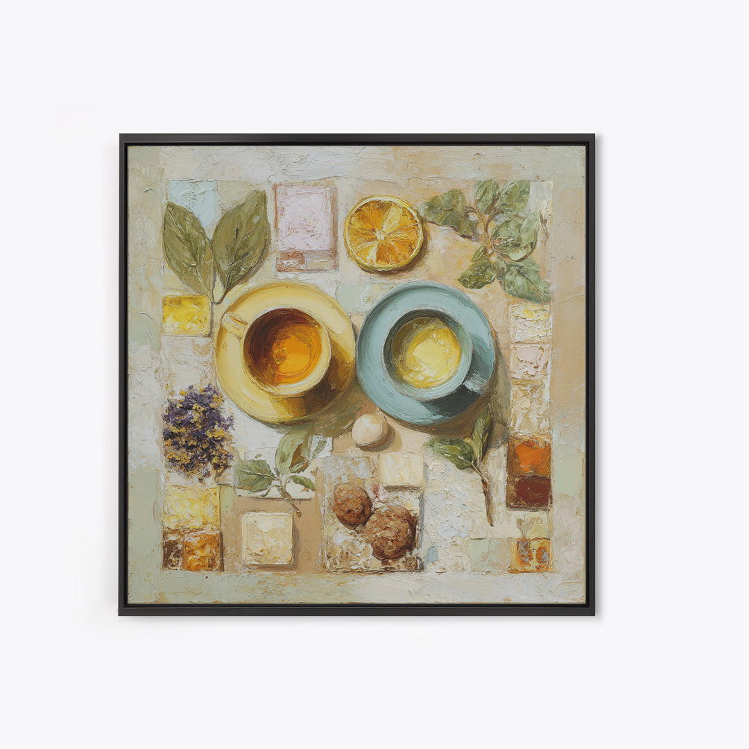 Two Cups Facing Each Other Framed Canvas Print, Coffee Shop Art, Boho Decor, Cafe Decor, Oil Painting, Cafe, Printable, CSA-1x1-37