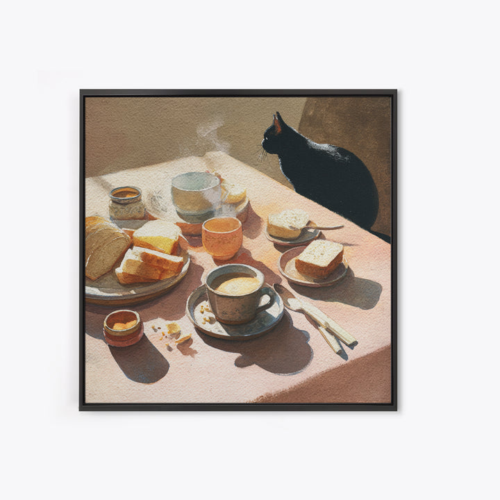 Black Cat Beside a Steaming Cup Framed Canvas Print, Coffee Shop Art, Gallery Decor, Cafe Decor, Fine Art, Cafe, Wall Art, CSA-1x1-38