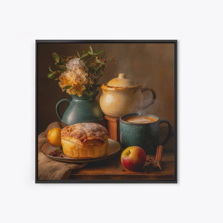 Sunlit Pastry and Coffee Arrangement Framed Canvas Print, Coffee Shop Art, Kitchen Wall Decor, Cafe Decor, Oil Painting, Cafe, CSA-1x1-43