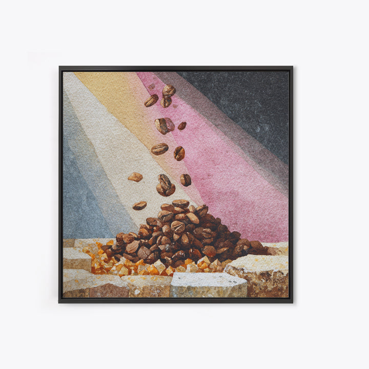Roasted Beans Falling Through Dark Space Framed Canvas Print, Coffee Shop Art, Kitchen Wall Art, Cafe Decor, Fine Art, Cafe, CSA-1x1-44