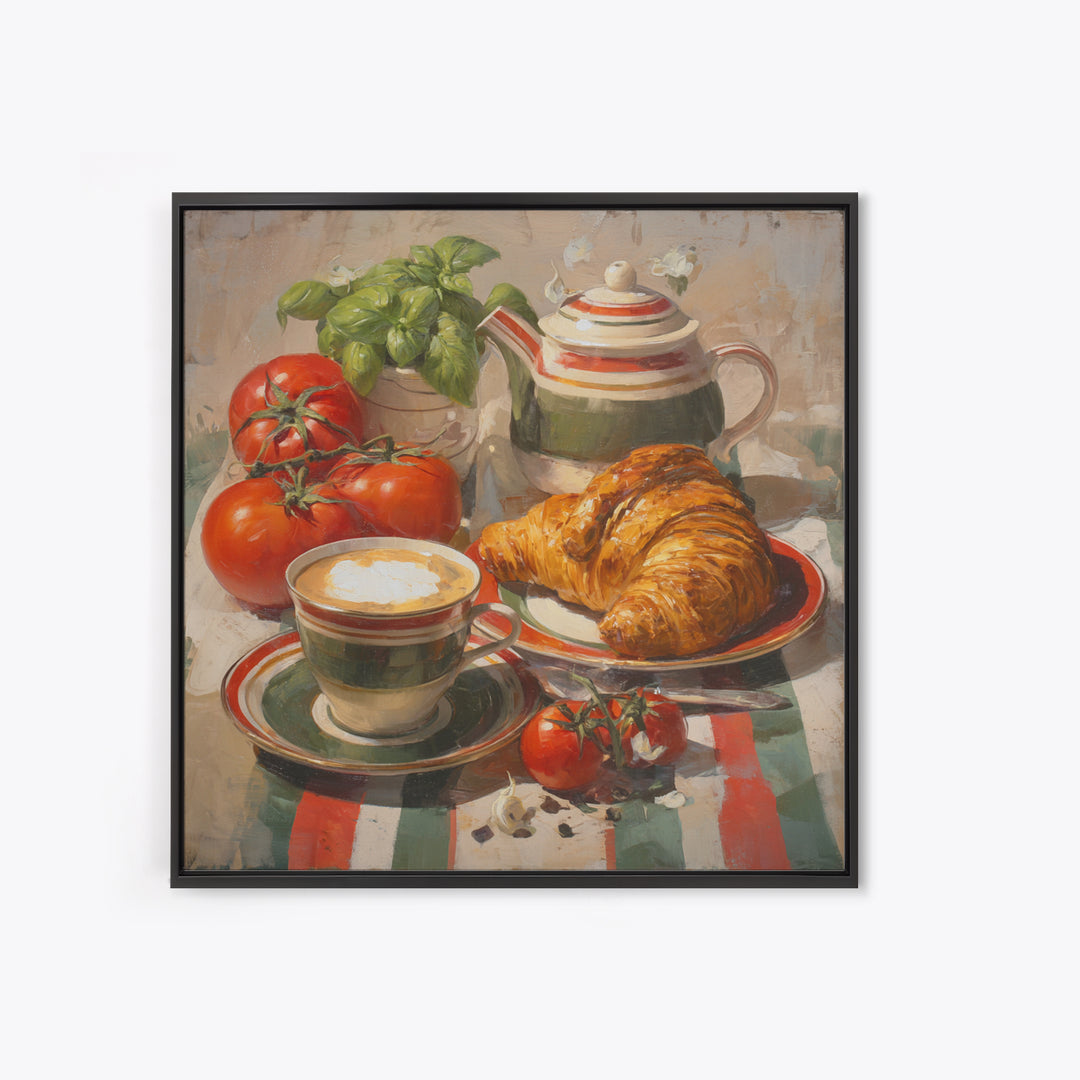 Croissant and Cappuccino on Striped Cloth Canvas Print, Coffee Shop Art, Fine Art Print, Cafe Decor, Fine Art, Cafe, Printable, CSA-1x1-5