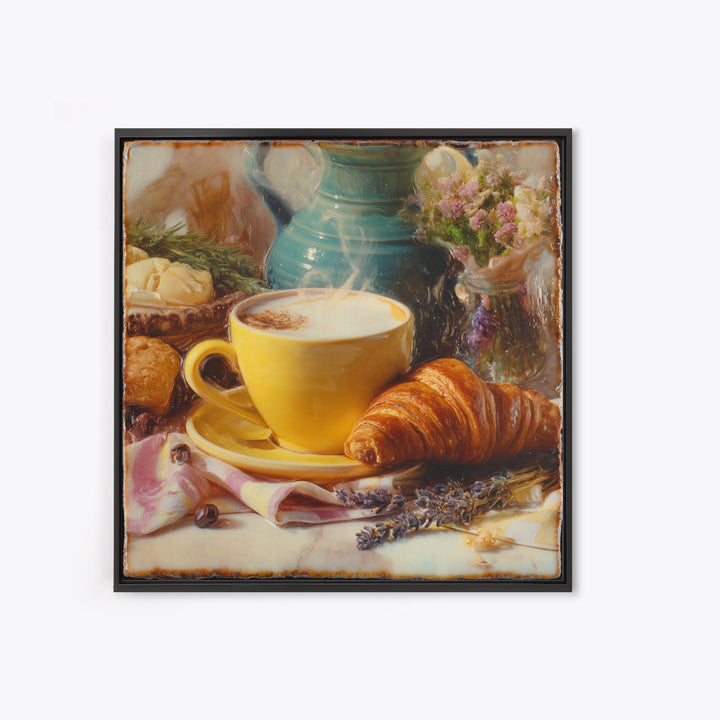 Croissant and Cappuccino on Striped Cloth Framed Canvas Print, Coffee Shop Art, Textured Painting, Cafe Decor, Fine Art, Cafe, CSA-1x1-53