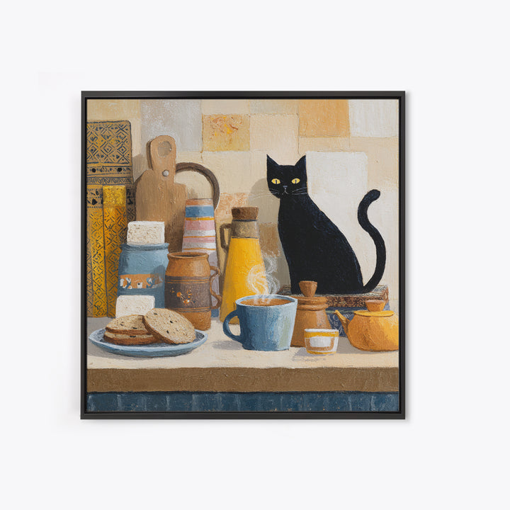 Black Cat Beside a Steaming Cup Framed Canvas Print, Coffee Shop Art, Gallery Decor, Cafe Decor, Fine Art, Cafe, Wall Art, CSA-1x1-62