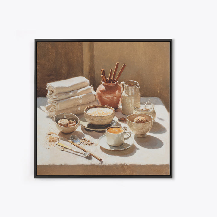 Cinnamon Sticks and Cappuccino Foam Still Life Framed Canvas Print, Coffee Shop Art, Minimalist Wall Art, Cafe Decor, CSA-1x1-72