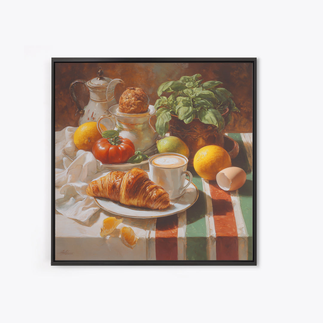 Croissant and Cappuccino on Striped Cloth Canvas Print, Coffee Shop Art, Wall Decor, Cafe Decor, Fine Art, Cafe, Kitchen Gift, CSA-1x1-77