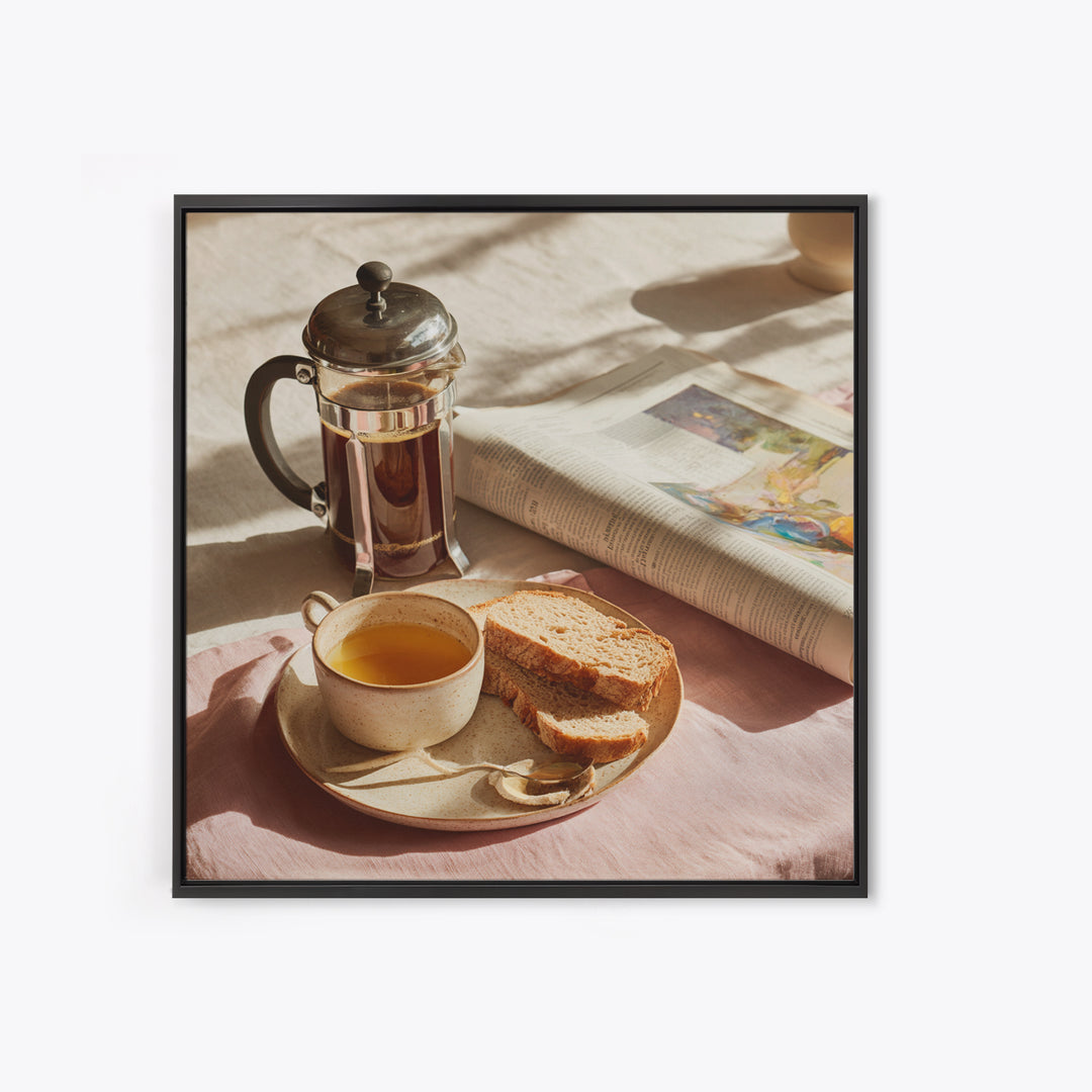 French Press and Morning Newspaper Without Readable Canvas Print, Coffee Shop Art, Boho Decor, Cafe Decor, Oil Painting, Cafe, CSA-1x1-82