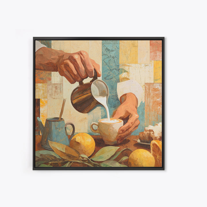 Barista Hands Pouring Milk into Espresso Framed Canvas Print, Coffee Shop Art, Wall Art, Cafe Decor, Oil Painting, Cafe, CSA-1x1-93