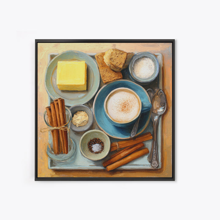 Cinnamon Sticks and Cappuccino Foam Still Life Framed Canvas Print, Coffee Shop Art, Printable Wall Art, Cafe Decor, Cafe, CSA-1x1-96