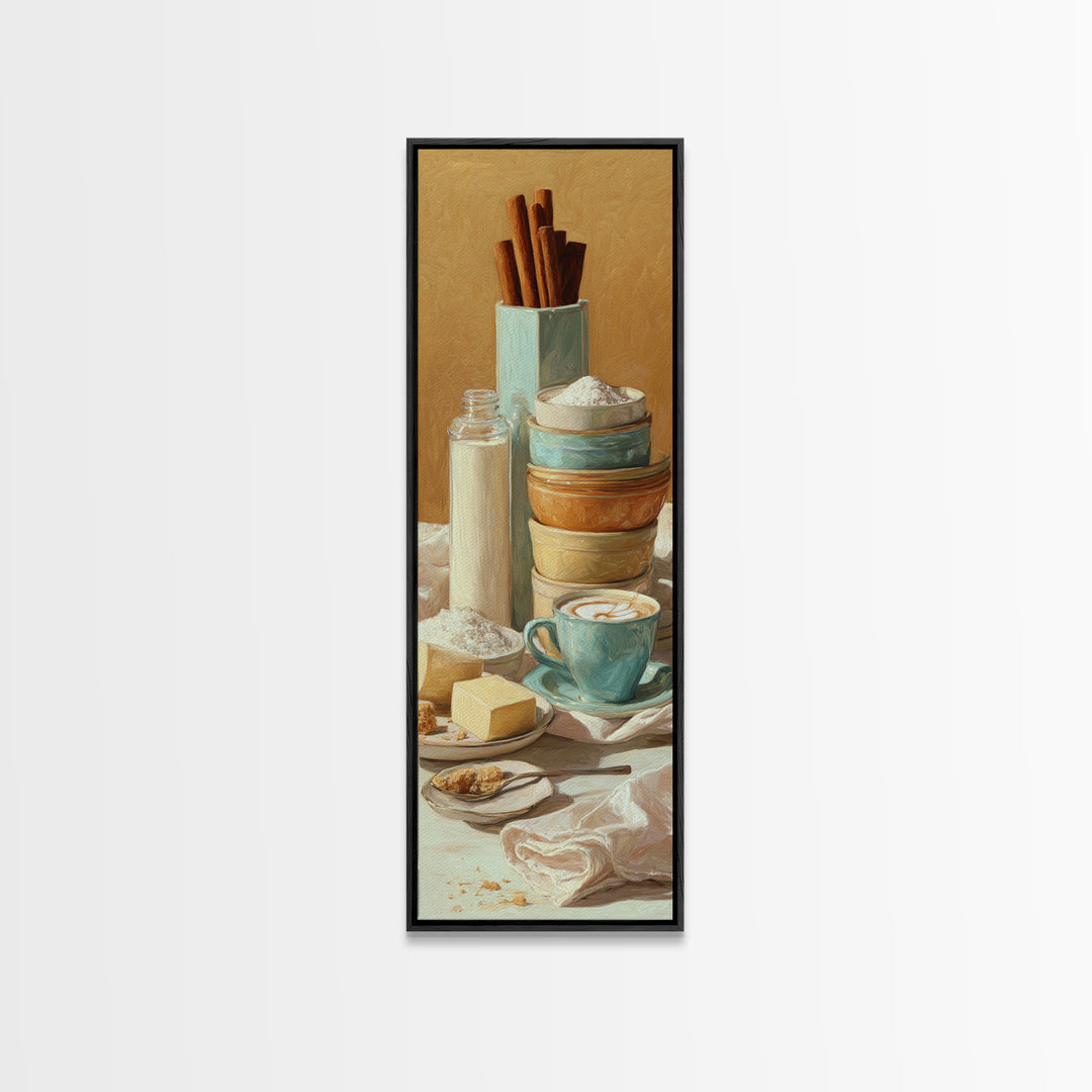 Cinnamon Sticks and Cappuccino Foam Still Life Canvas Print, Coffee Shop Art, Wall Art, Cafe Decor, Oil Painting, Cafe, CSA-1x3-12