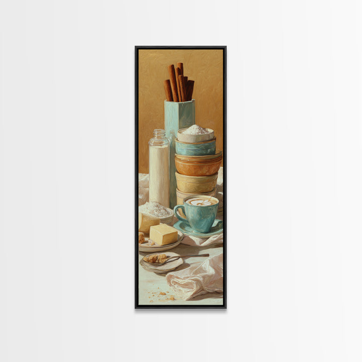 Cinnamon Sticks and Cappuccino Foam Still Life Canvas Print, Coffee Shop Art, Wall Art, Cafe Decor, Oil Painting, Cafe, CSA-1x3-12