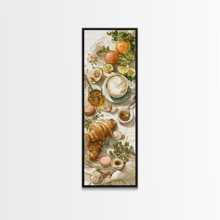 Croissant and Cappuccino on Striped Cloth Canvas Print, Coffee Shop Art, Wall Decor, Cafe Decor, Fine Art, Cafe, Kitchen Gift, CSA-1x3-17