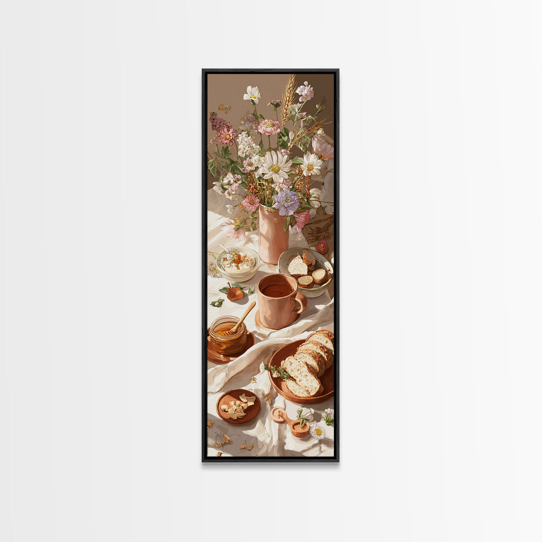Ceramic Mug with Wildflowers Around It Framed Canvas Print, Coffee Shop Art, Minimalist Decor, Cafe Decor, Oil Painting, Cafe, CSA-1x3-4