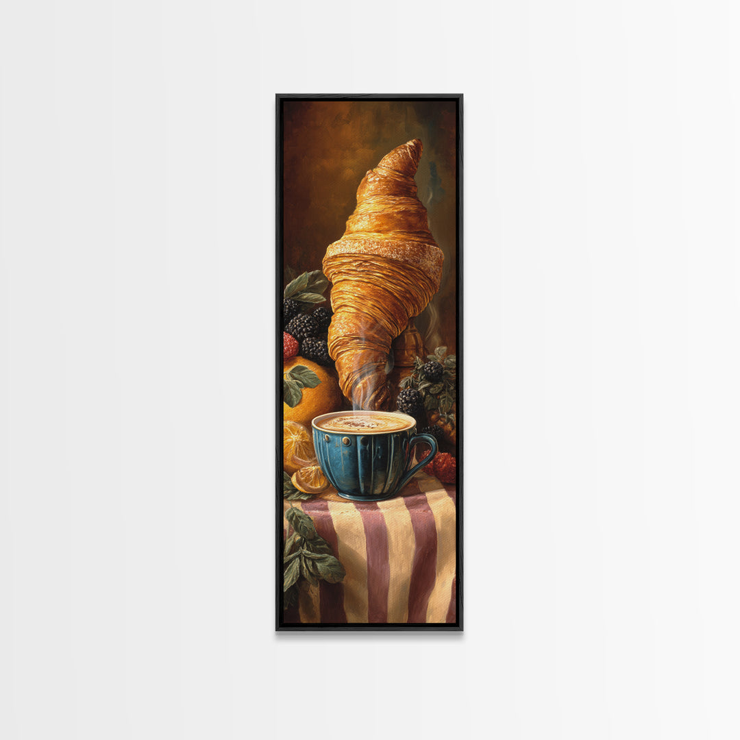 Croissant and Cappuccino on Striped Cloth Canvas Print, Coffee Shop Art, Moody Wall Art, Cafe Decor, Cafe, Luxury Decor, CSA-1x3-41